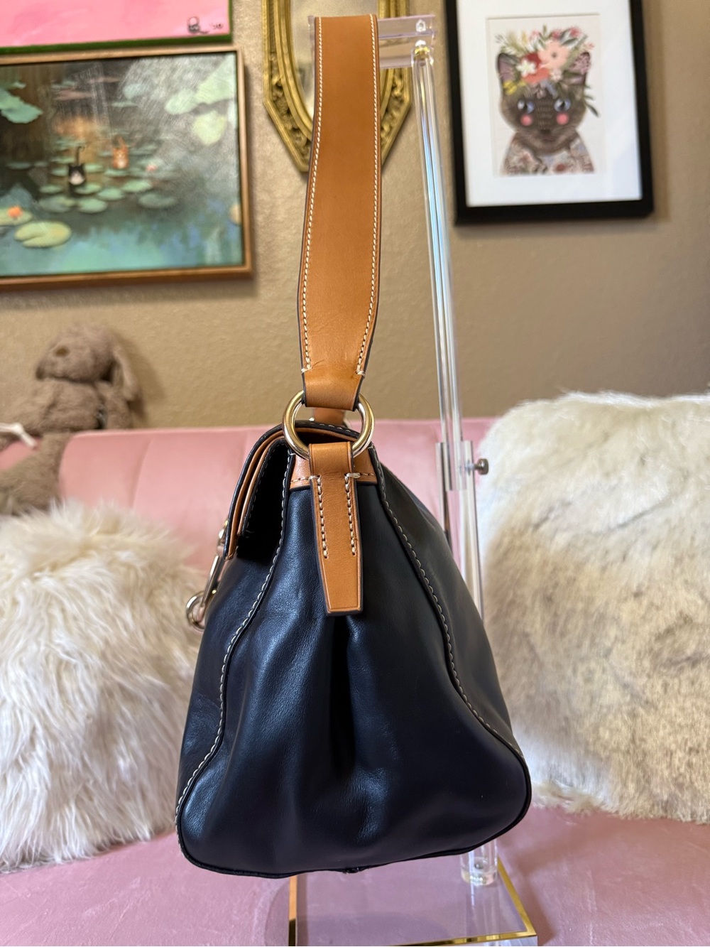 💯Auth! Dooney & Bourke Black & Brown Florentine Leather LIBBY Shoulder Bag - Picture 3 of 15